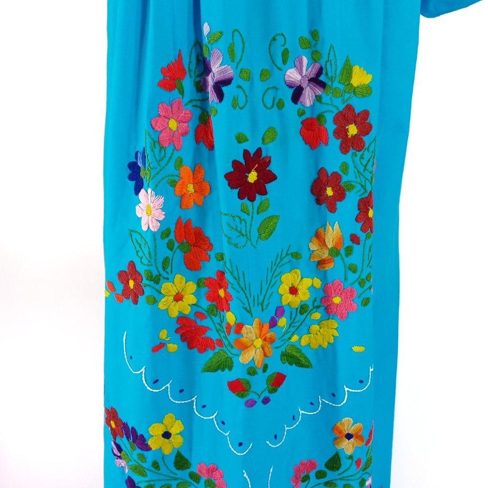 Hand Embroidered Mexican Oaxacan Puff Sleeve Cotton Midi Dress XS-S - Picture 5 of 5